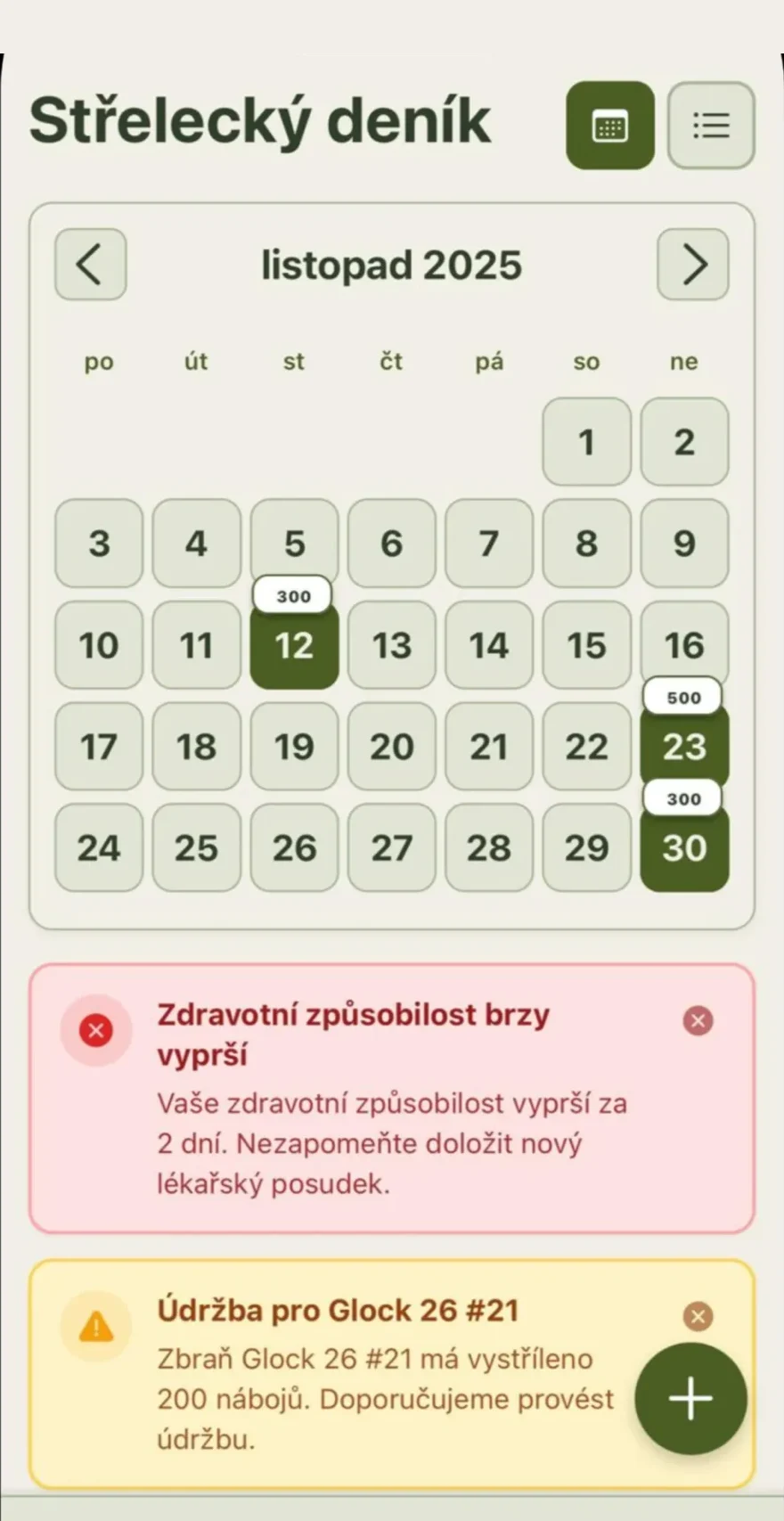 Hlavní obrazovka aplikace Střelecký deník s kalendářem tréninků