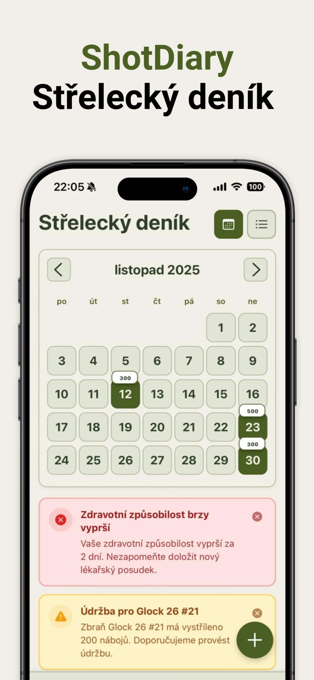 Kalendář tréninků a upozornění v aplikaci Střelecký deník