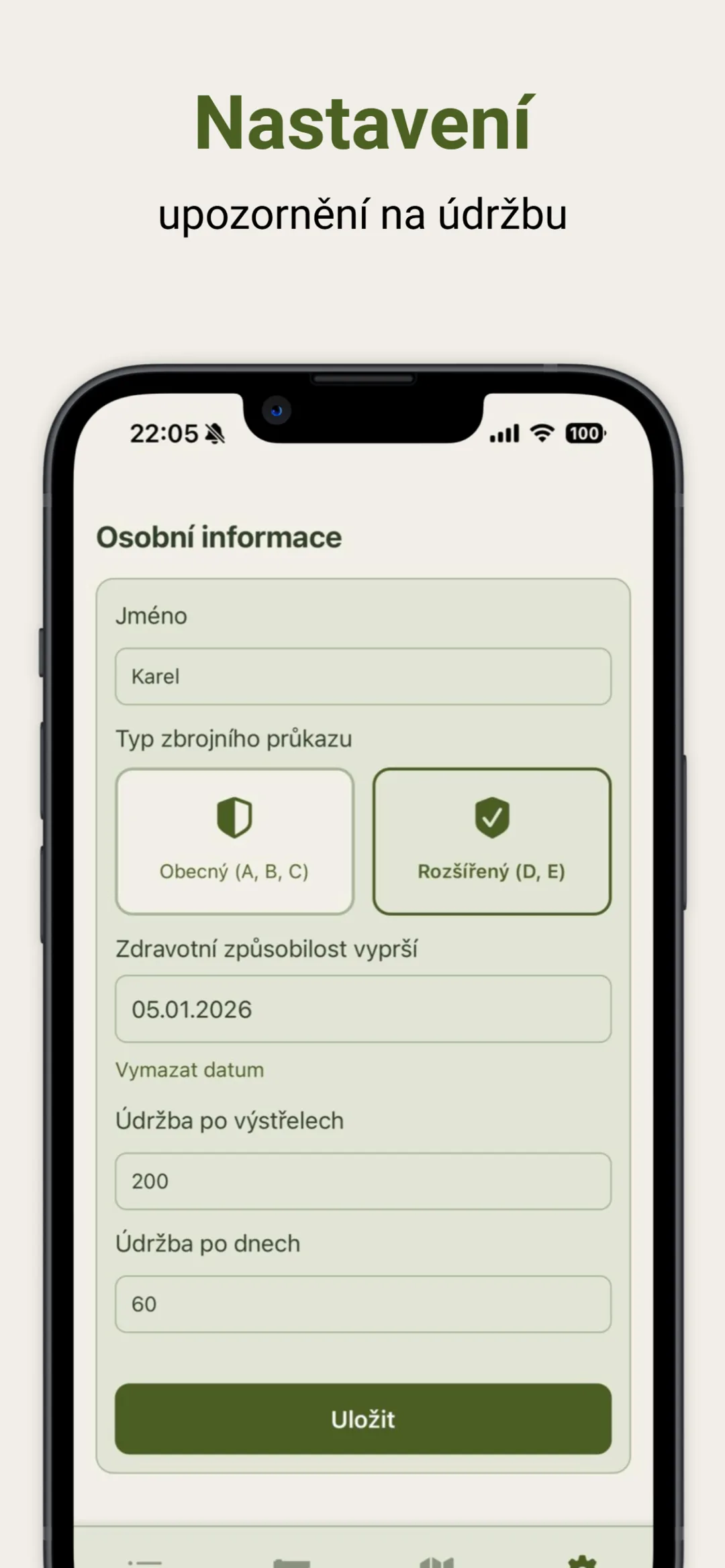 Nastavení, zbrojní průkaz a hlídání údržby