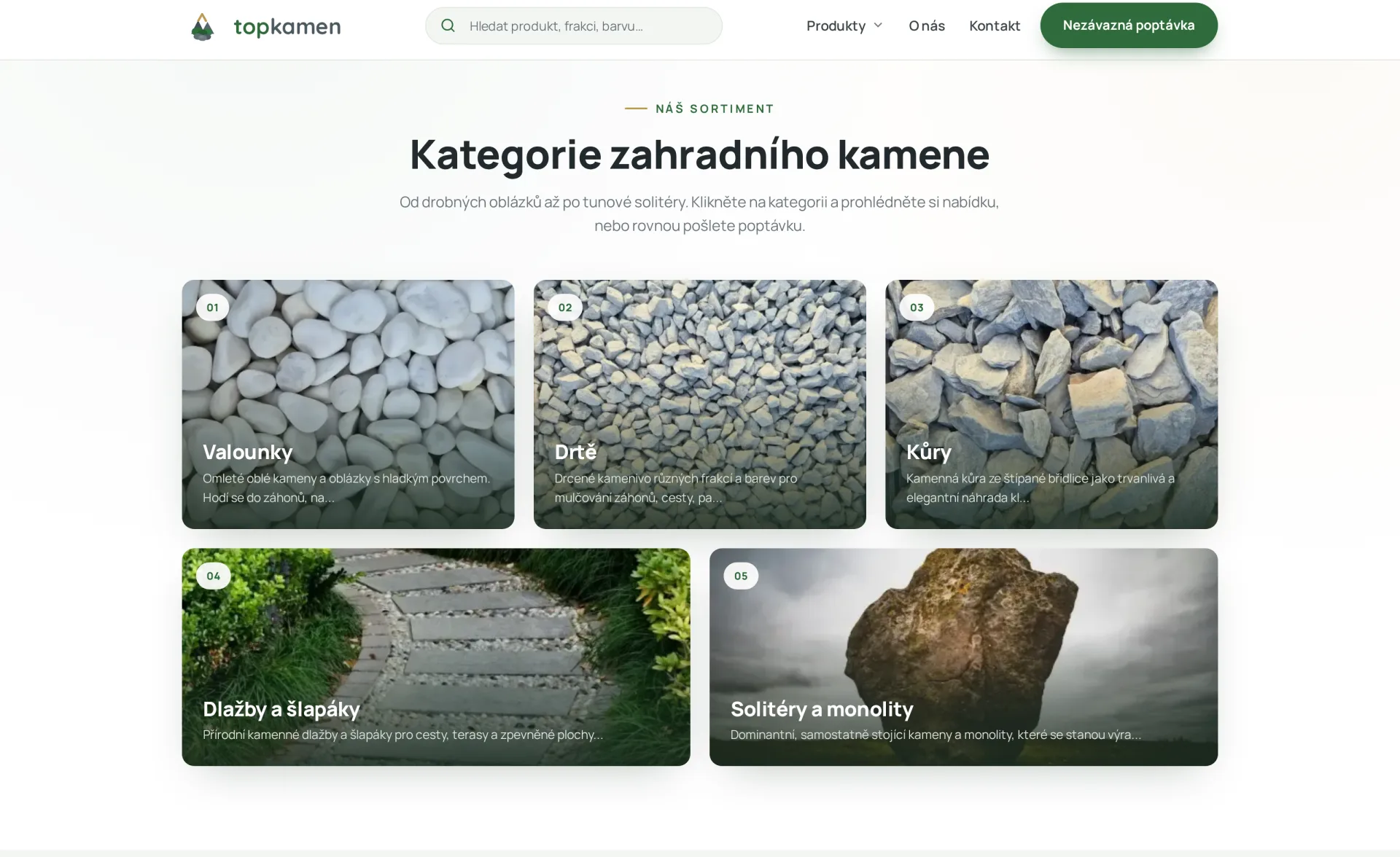 Product range section on the TopKamen website