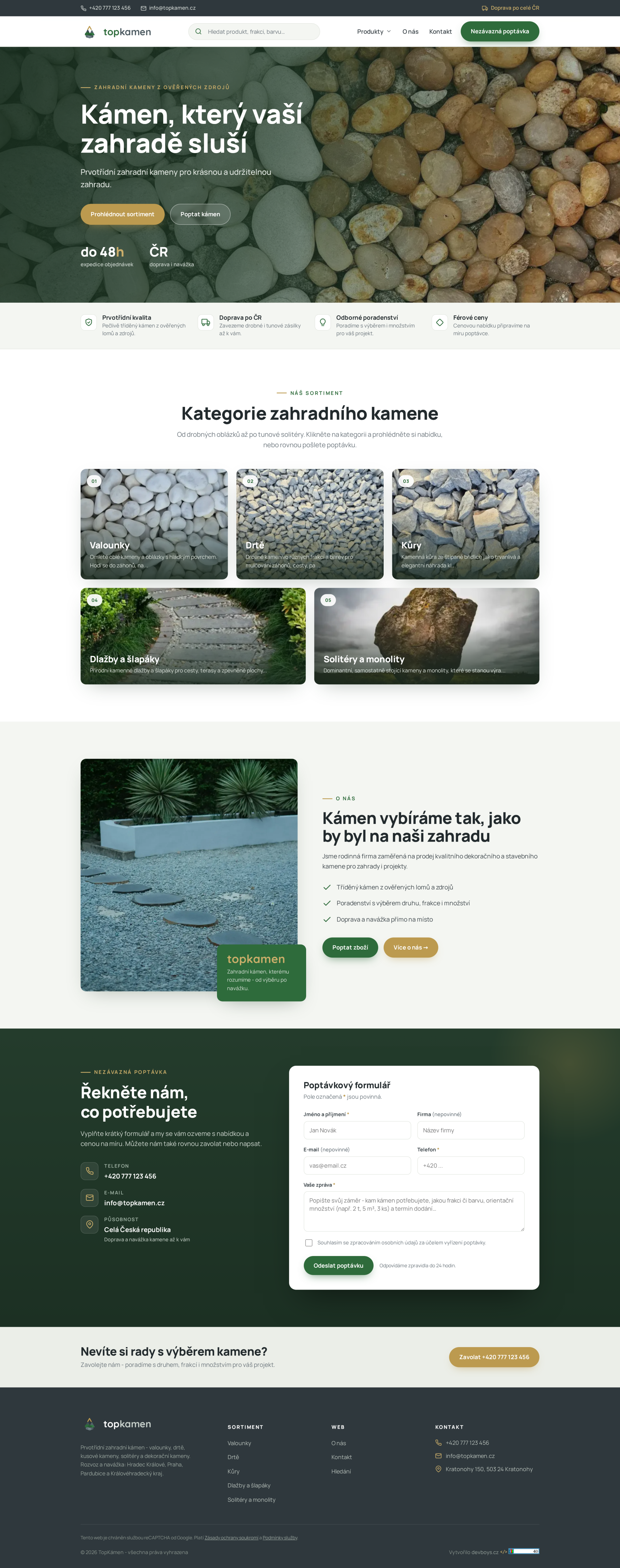 Hotový web TopKamen po spuštění, celá stránka