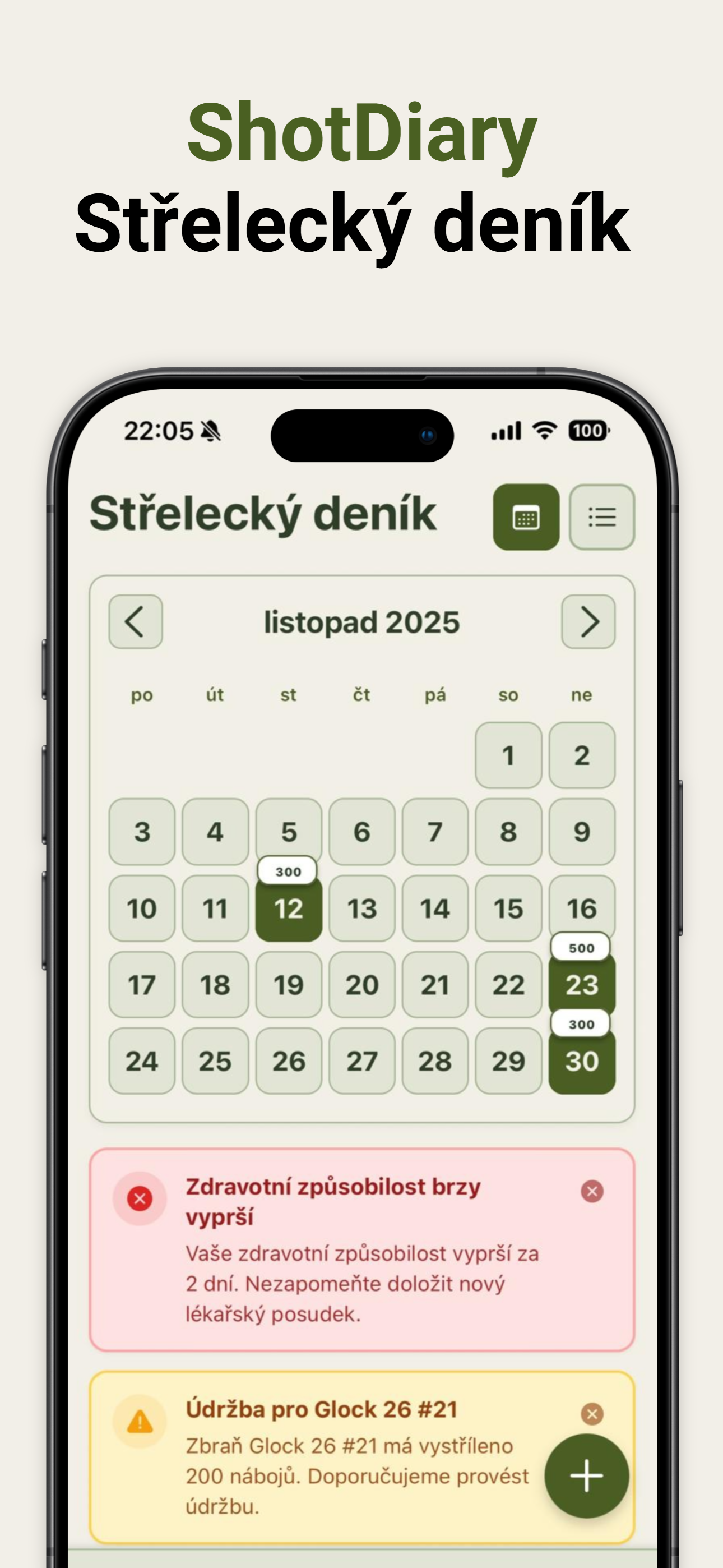 Screenshot aplikace Střelecký deník