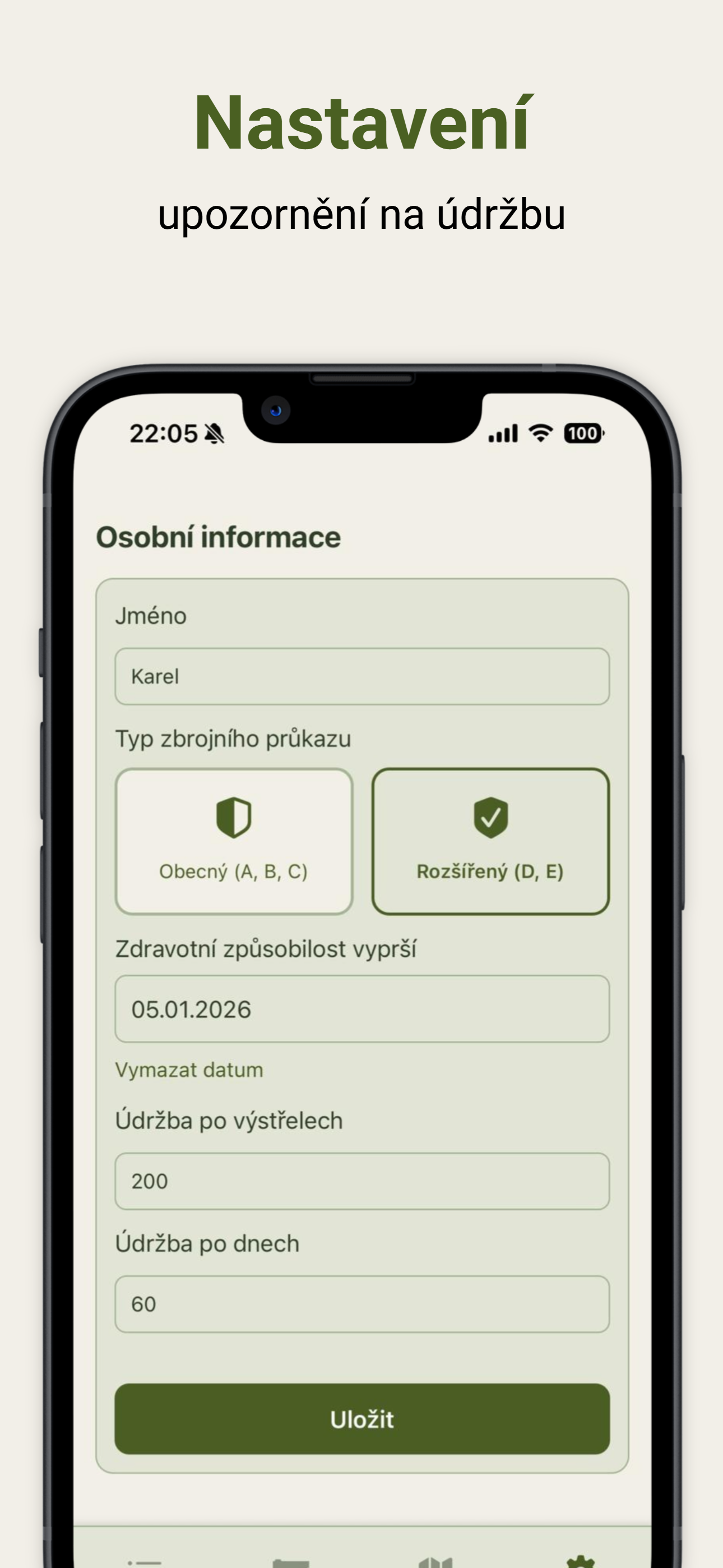 Screenshot aplikace Střelecký deník