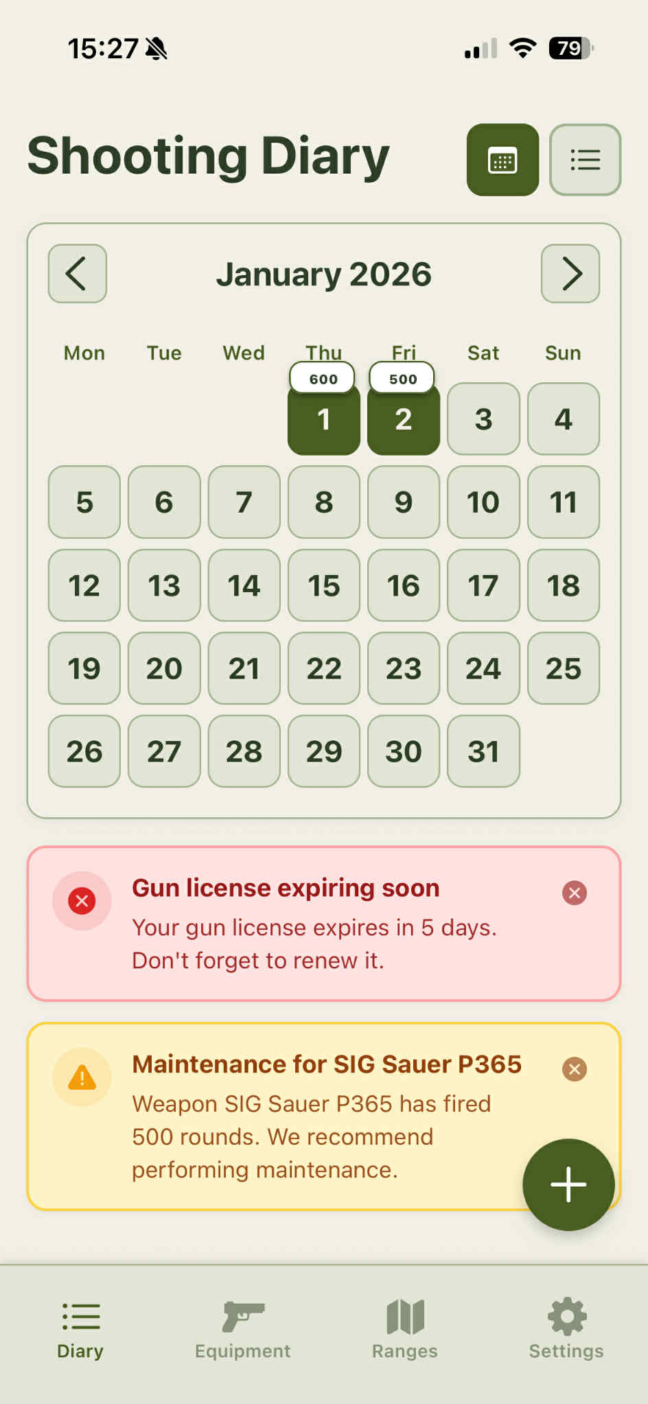 Screenshot aplikace Střelecký deník