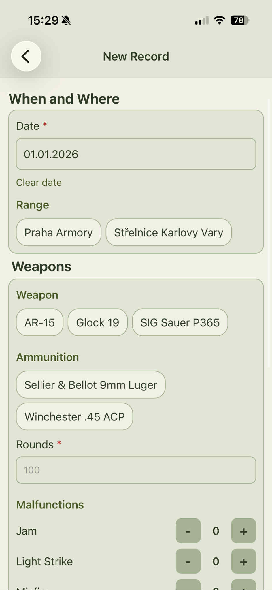 Screenshot aplikace Střelecký deník