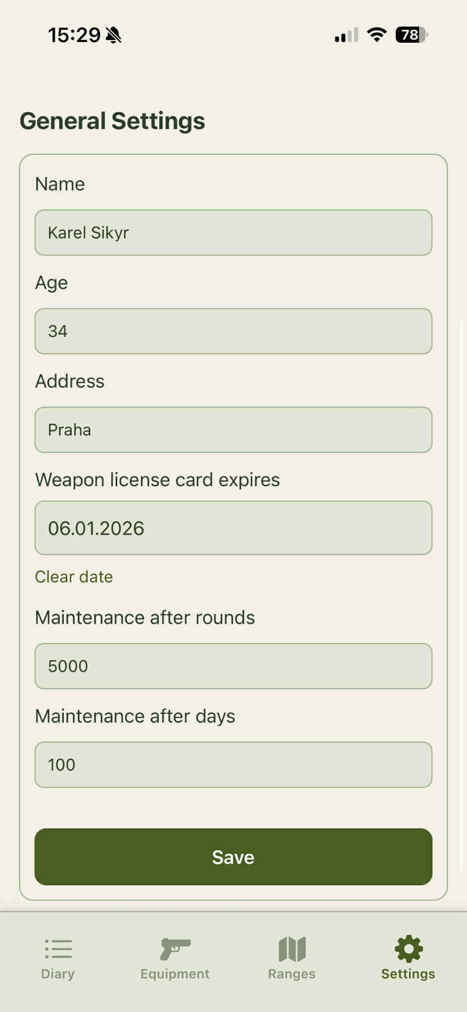 Screenshot aplikace Střelecký deník