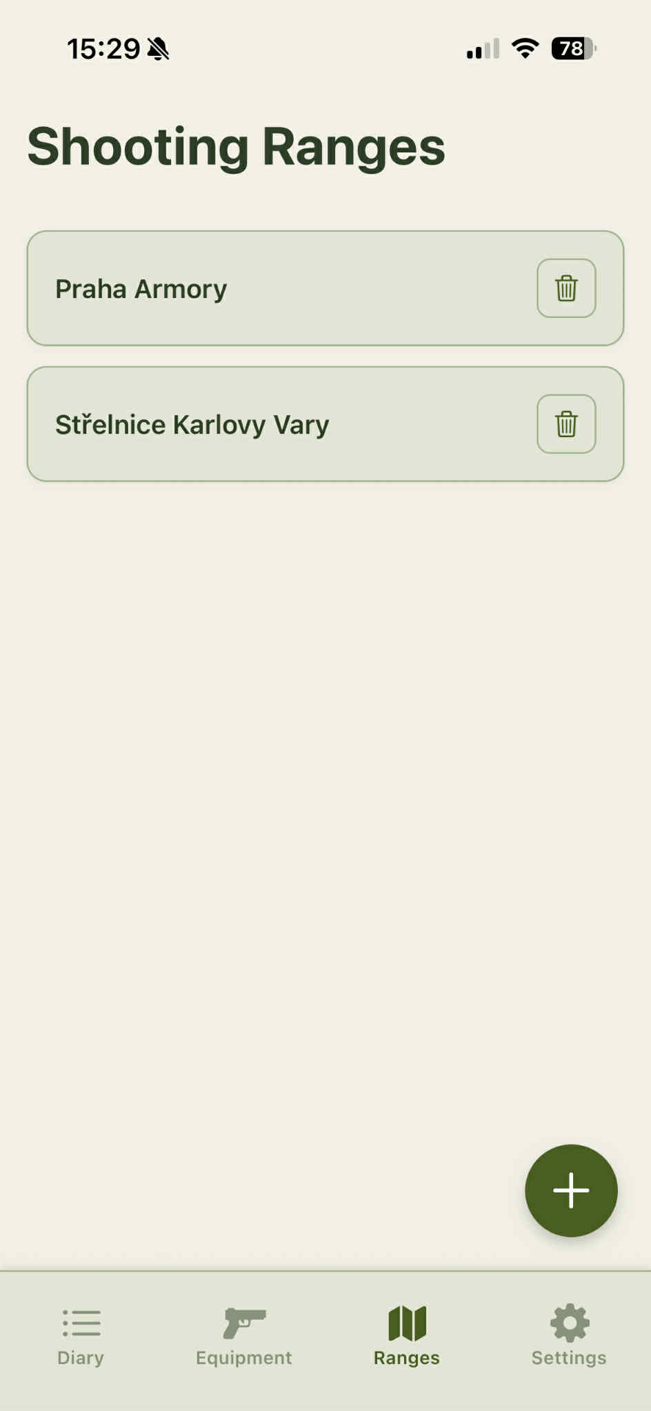 Screenshot aplikace Střelecký deník