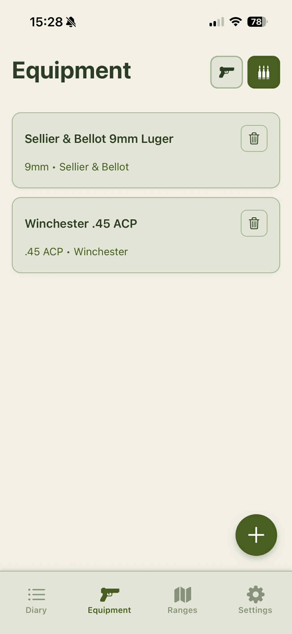 Screenshot aplikace Střelecký deník